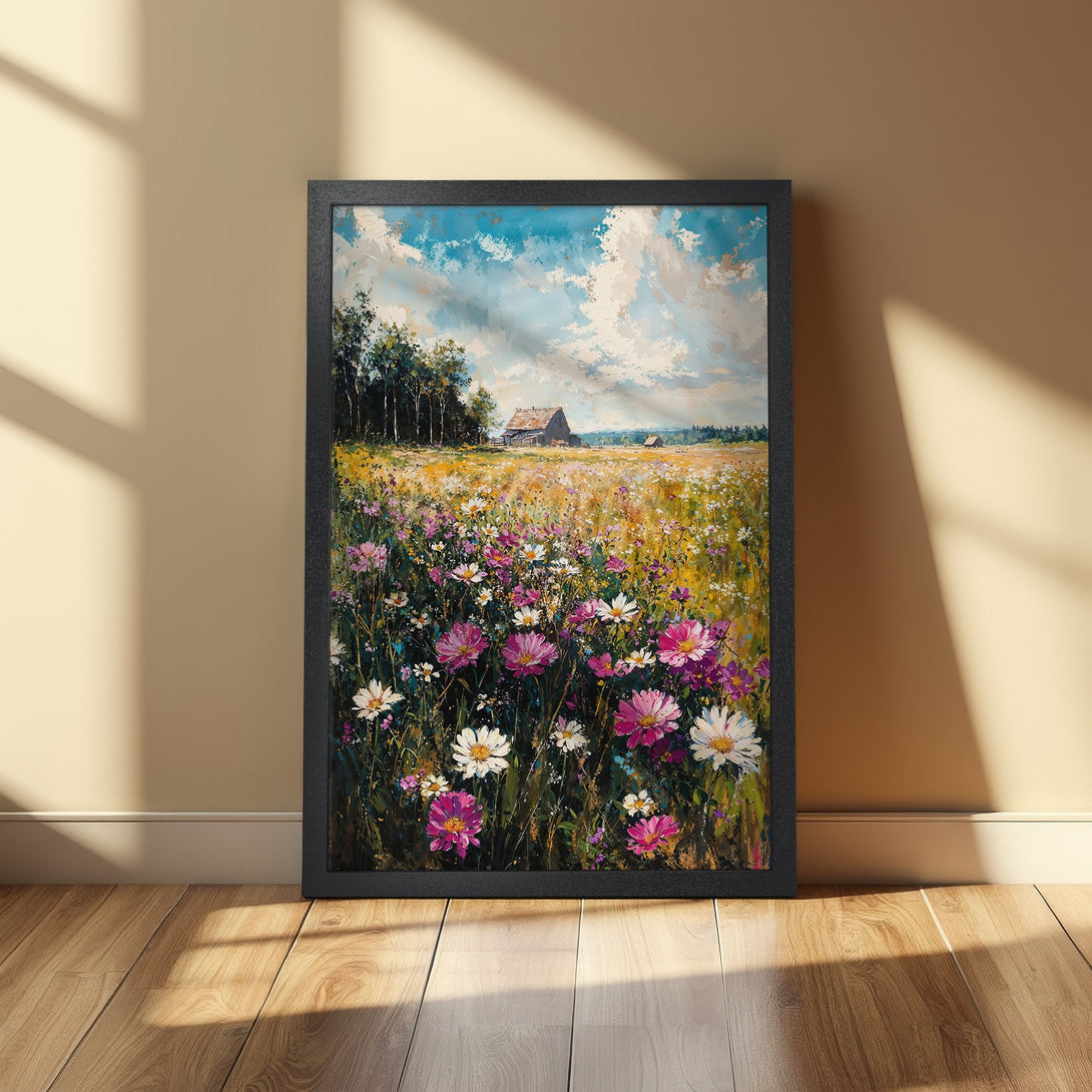 Framed Poster featuring a vibrant field of wildflowers with a barn, impressionistic style, and a colorful palette. Perfect wall art!