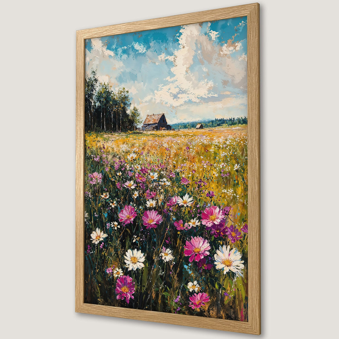 Framed Poster of a vibrant wildflower meadow landscape painting. Featuring a blue sky, colorful flowers, and a warm, inviting color palette.