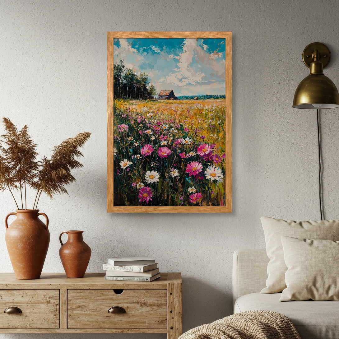 Framed Poster of a vibrant field scene with wildflowers, in a warm color palette. Perfect art for your home!