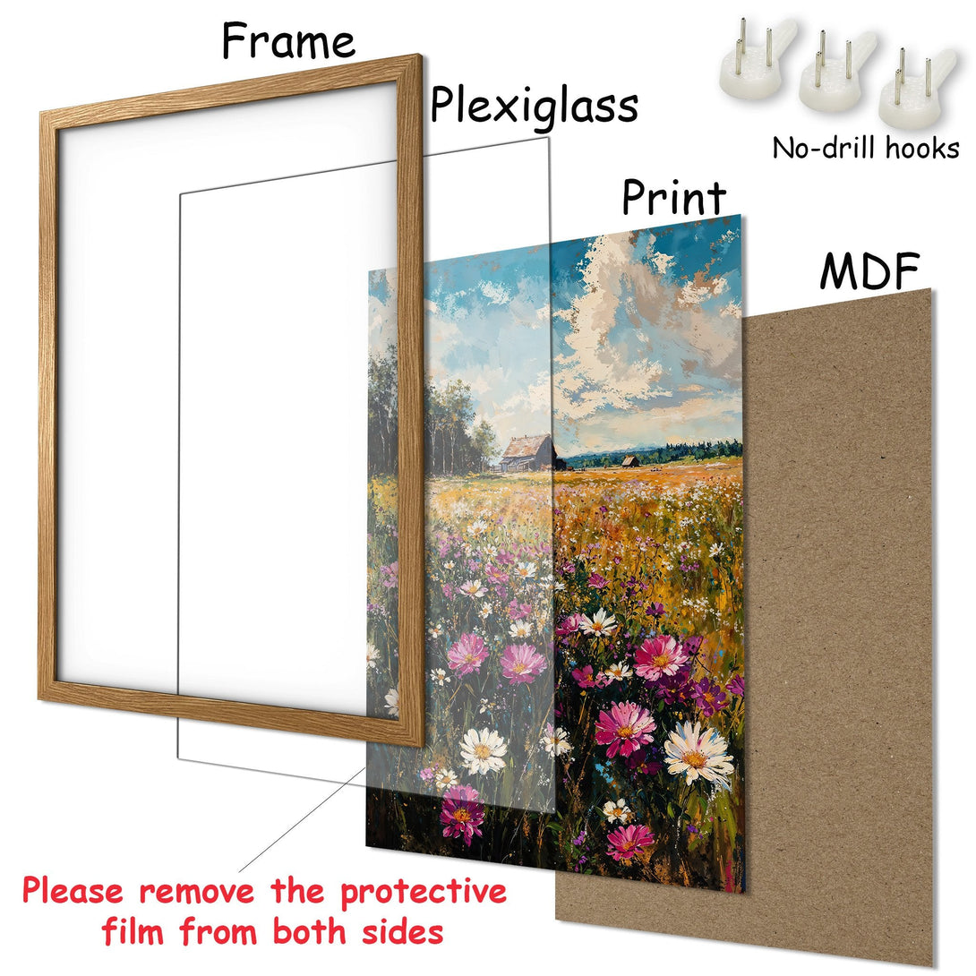 Framed Poster featuring a vibrant floral landscape in impressionist style with a warm, colorful palette. Ready to hang!
