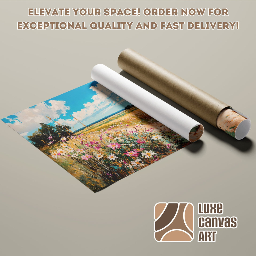 Poster Roll featuring a vibrant floral landscape painting with blue sky, warm color palette. Order now!