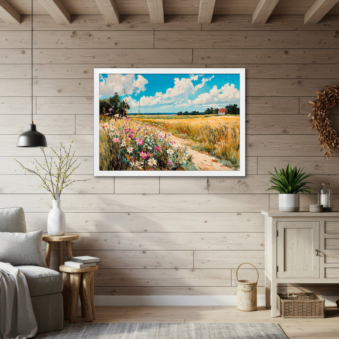 Framed Poster of a vibrant landscape painting with a field, flowers, and house. Warm color palette, perfect wall art.