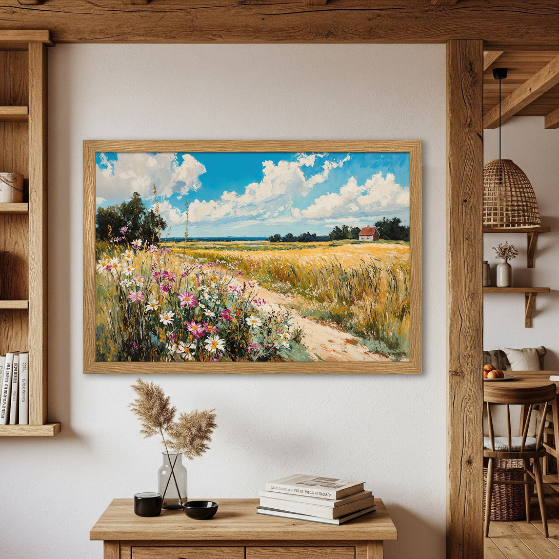 Framed Poster featuring a serene landscape painting with a blue sky, yellow field, and wildflowers. Warm, inviting color palette.