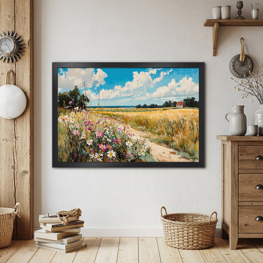 Framed Poster of a vibrant field landscape painting in impressionist style, featuring blue skies & warm yellow/green hues.