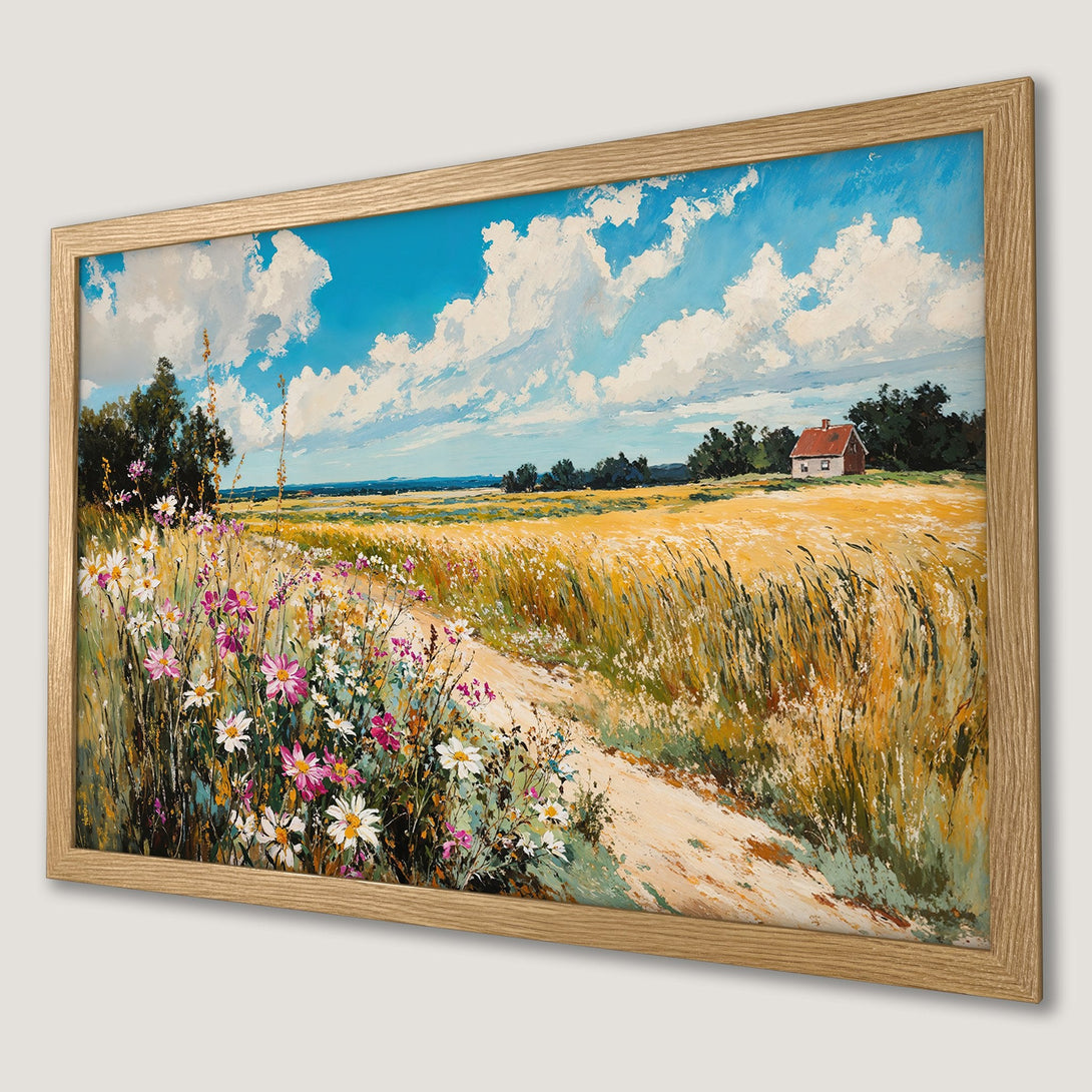 Framed Poster of a vibrant landscape painting with wildflowers, a house, and a blue sky. Impressionistic style, warm color palette.
