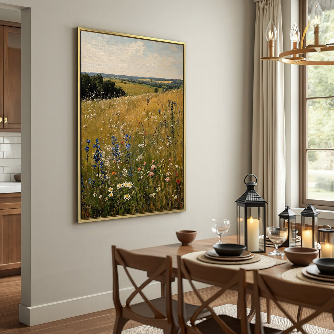 Canvas Print of a wildflower meadow landscape in warm, earthy tones. Rustic style wall art to brighten any space.