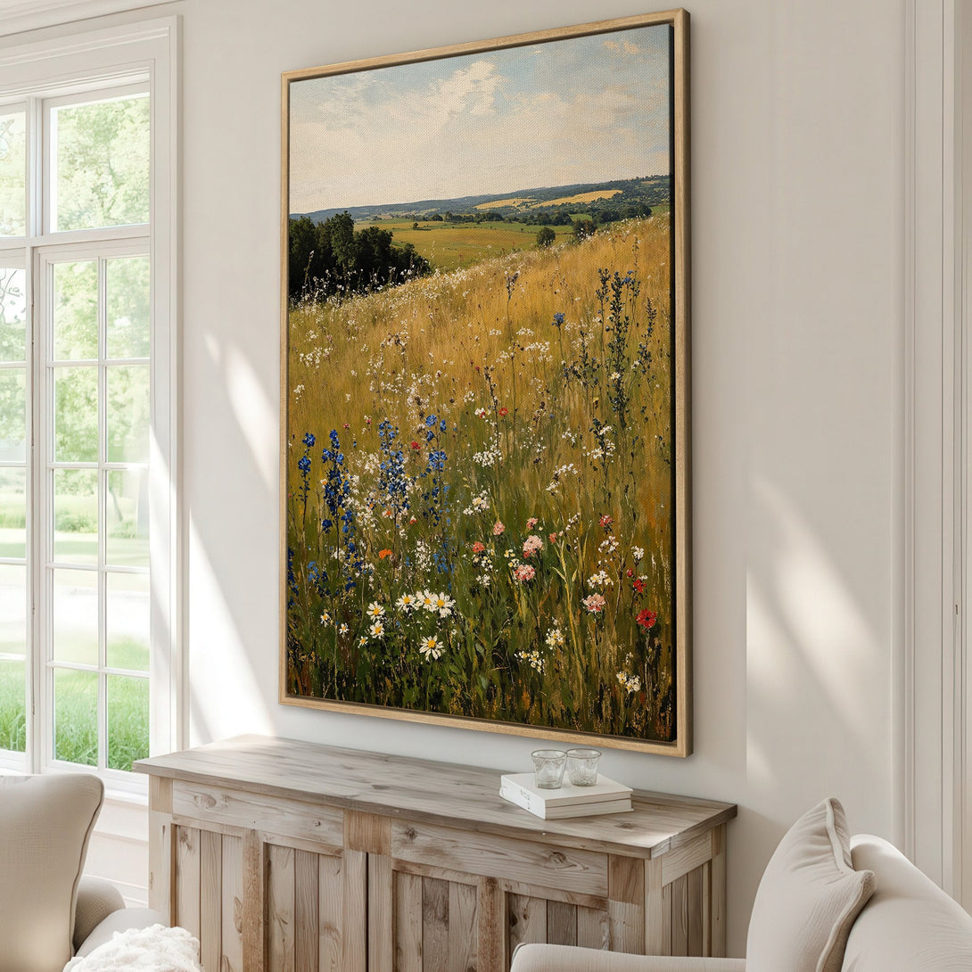 Framed Wall Art of a wildflower meadow in warm tones. Bring the beauty of nature indoors with this stunning canvas print!