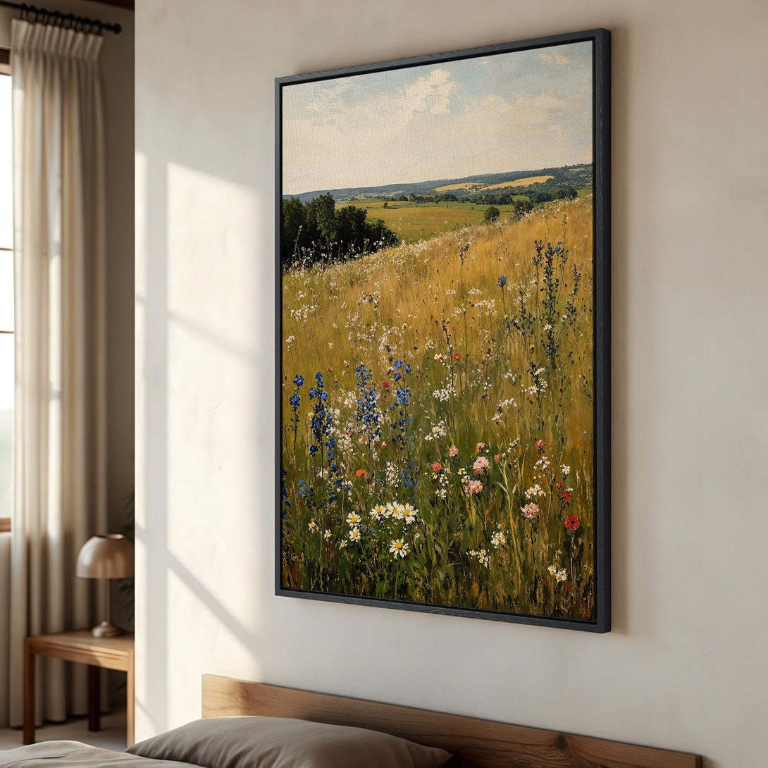 Framed Wall Art: Impressionist landscape Canvas Print with wildflowers in a warm, earthy palette. Perfect for adding a touch of nature to your home decor!
