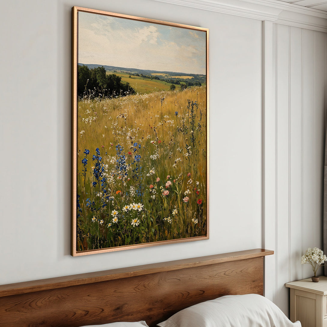 Framed Wall Art: Impressionist landscape Canvas Print with wildflowers. Warm, earthy tones and a touch of blue create a serene, natural aesthetic. Perfect for any room!