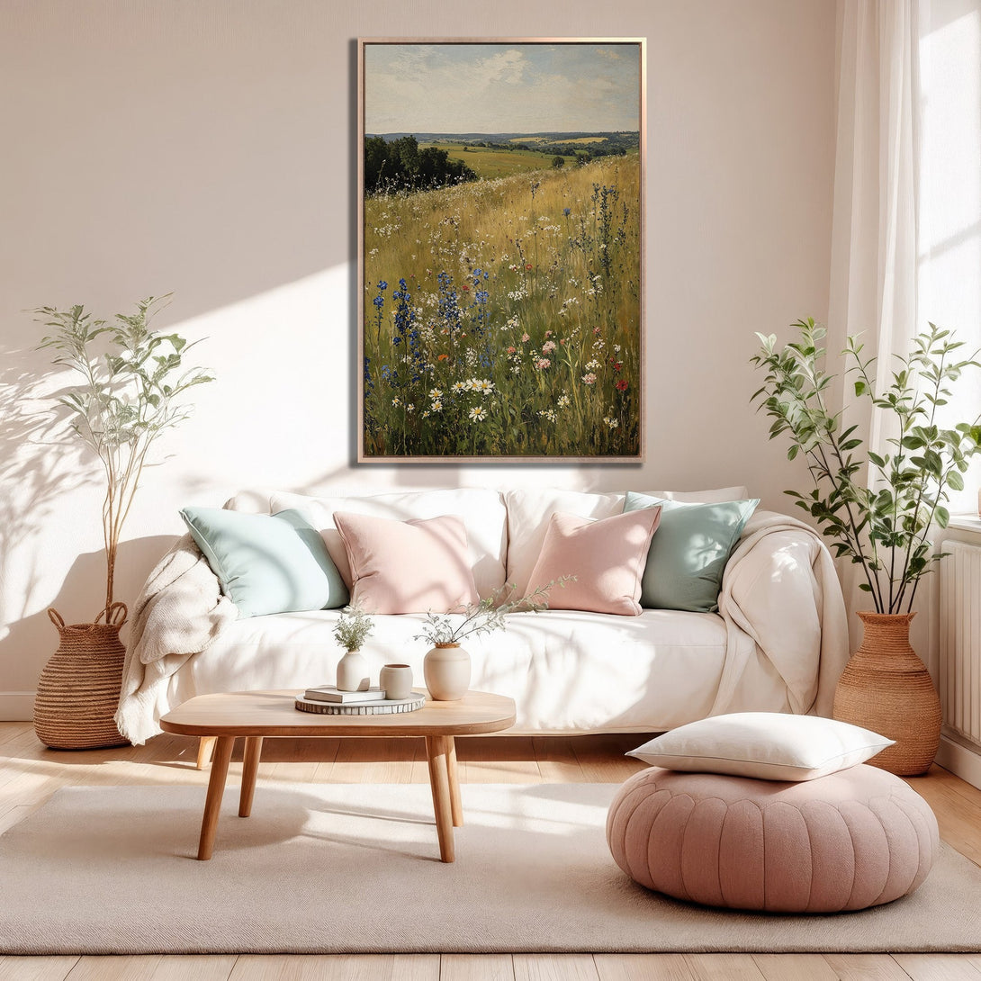 Framed Wall Art of a wildflower meadow in a warm, neutral palette. Adds a touch of nature and tranquility to any space. Shop our canvas prints today!