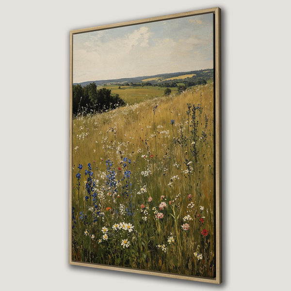 Framed Wall Art: Impressionist landscape Canvas Print with wildflowers in a field. Earthy tones of green, gold, and blue create a serene, natural aesthetic.