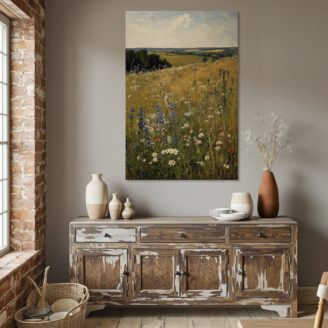Framed Wall Art: Landscape Canvas Print featuring a field of wildflowers. Warm, natural color palette perfect for dining room decor.