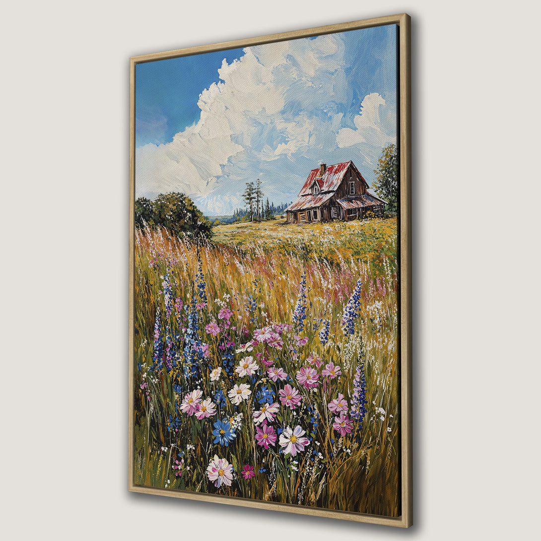 Framed Wall Art: Rustic landscape Canvas Print featuring a charming farmhouse, wildflowers, and a vibrant blue sky. Warm, earthy tones with pops of color.