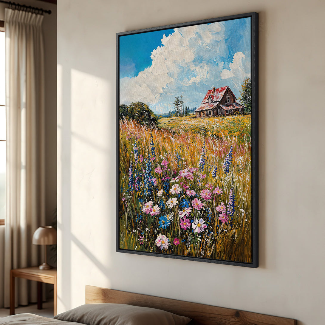 Framed Wall Art featuring a vibrant landscape painting of a cabin in a field of wildflowers. Impressionistic style with a warm, colorful palette. Perfect for home decor.