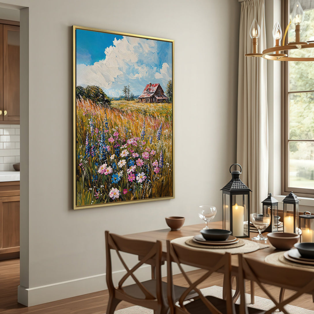 Canvas Print of a rustic barn landscape painting in a warm, neutral interior. Features a vibrant color palette of blues, greens, and yellows.
