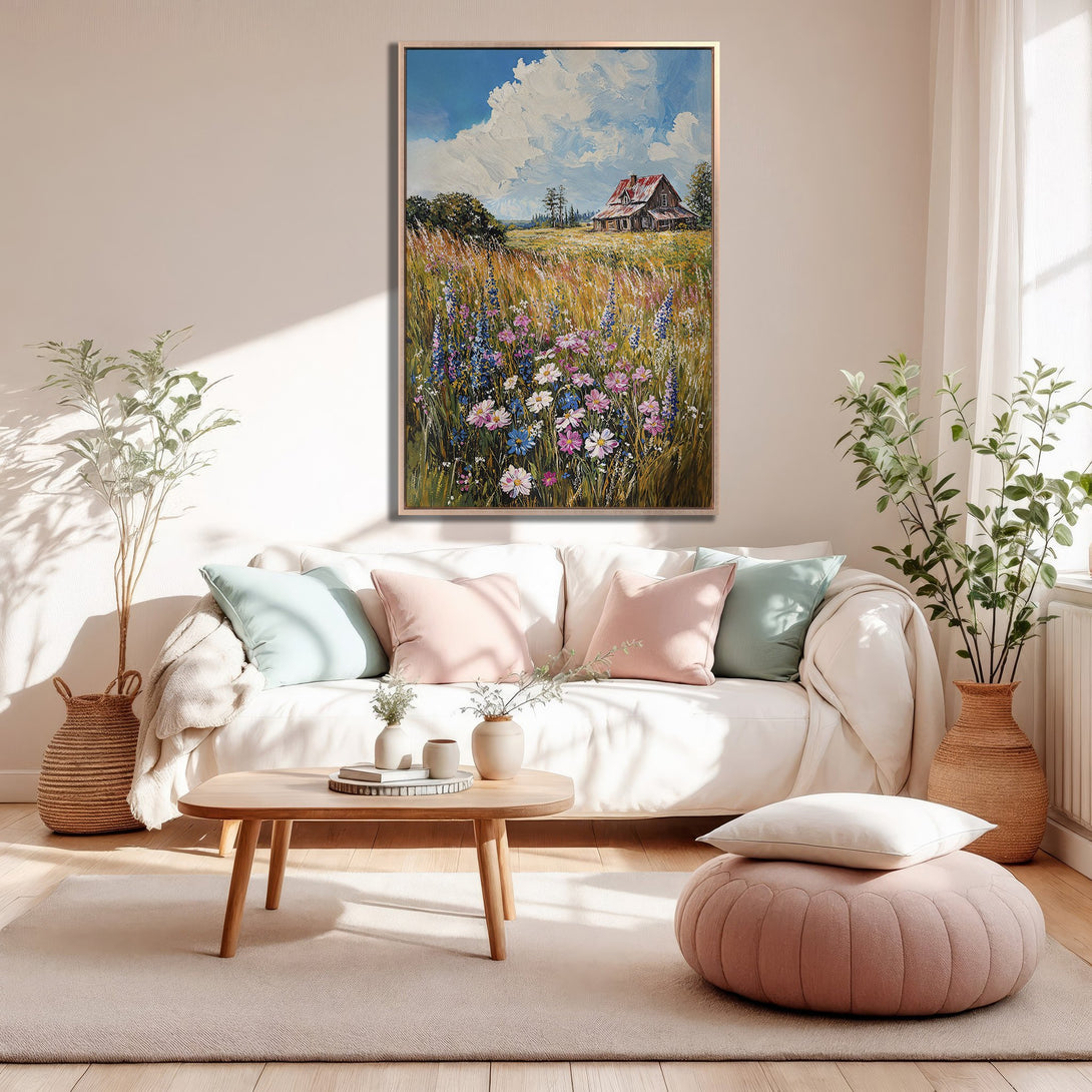 Framed Wall Art: Impressionist landscape Canvas Print with a farmhouse, wildflowers, and a soft, pastel color palette. Perfect for adding a touch of nature to your home.