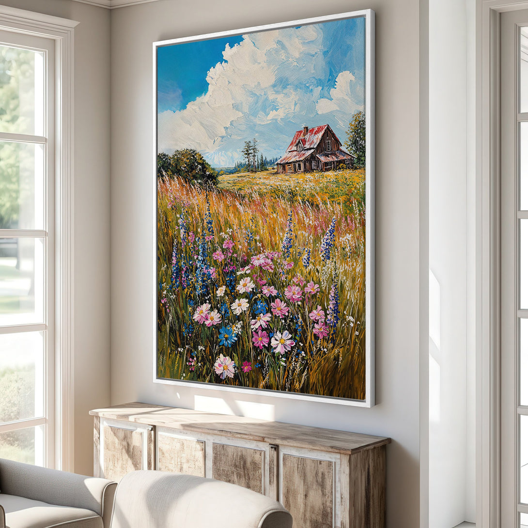 Framed Wall Art: Impressionistic landscape Canvas Print with a rustic barn, wildflowers, and a vibrant blue and green color palette. Bring nature indoors!