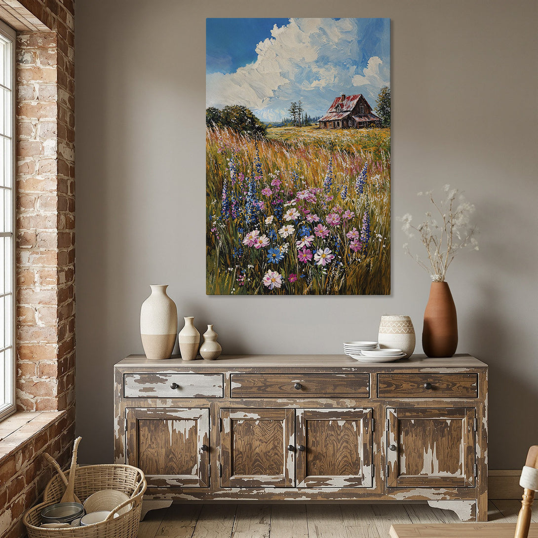 Framed Wall Art: Impressionist landscape Canvas Print with a barn, wildflowers, and blue sky. Warm, inviting color palette perfect for home decor.