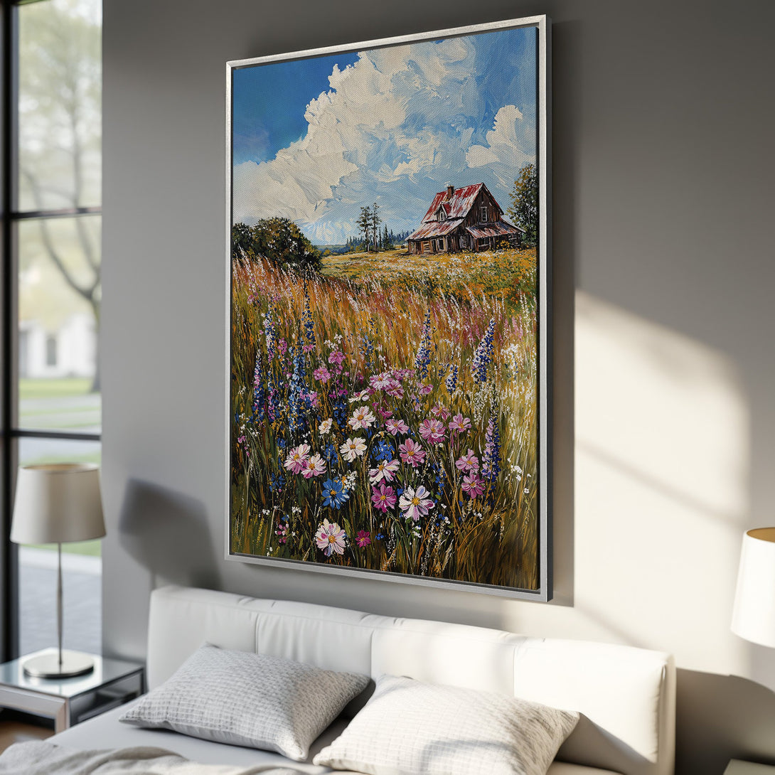 Framed Wall Art Canvas Print: Impressionist landscape painting with a barn and wildflowers. Warm, earthy tones with pops of blue and pink. Perfect for home decor.