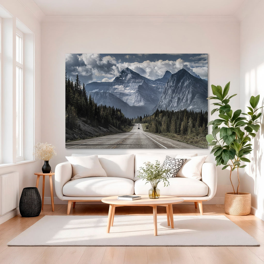Framed Wall Art: Mountain road landscape in cool blues & greens. Stunning canvas print adds a touch of nature to any room. Shop now!