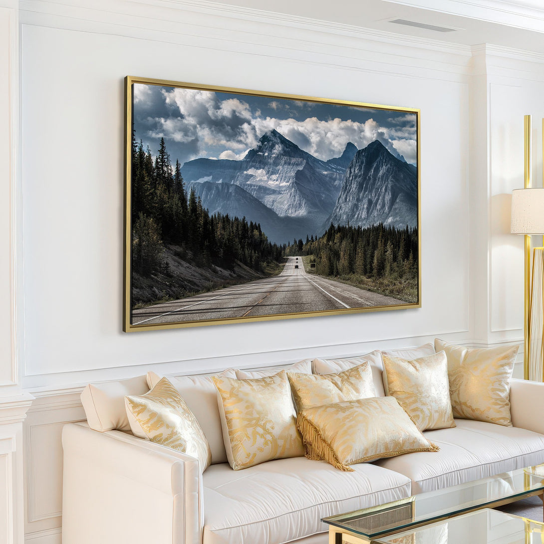 Canvas Print of a mountain road landscape in cool blues and greens, perfect for modern home decor.