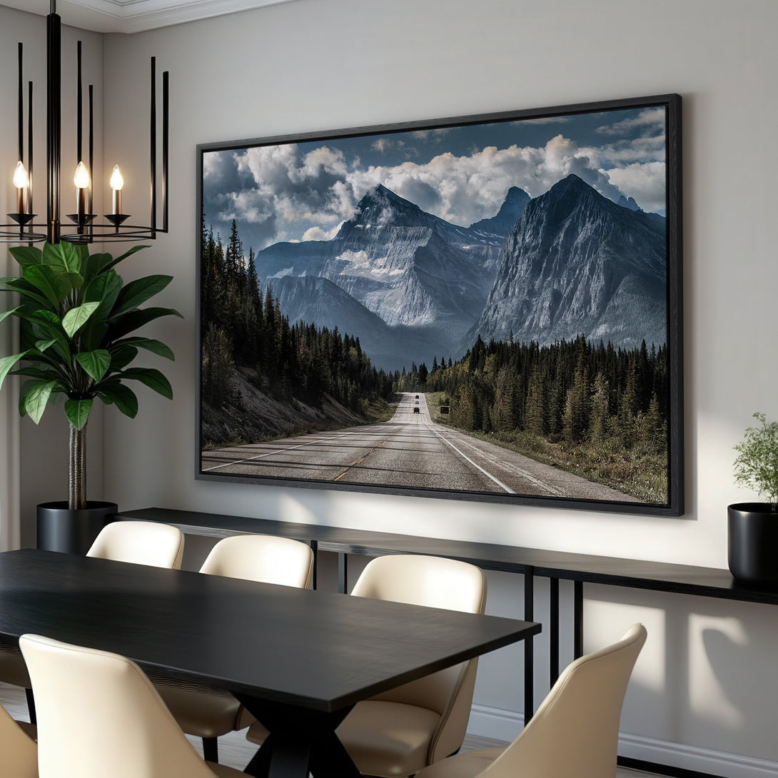 Framed Wall Art: Majestic mountain road landscape in cool blues & greens. Modern canvas print adds a touch of nature to any interior. Shop now!