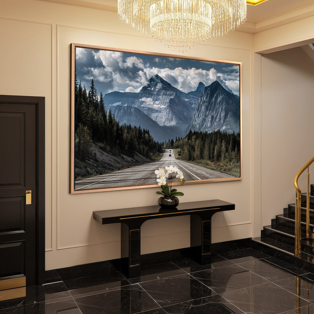 Framed Wall Art: Mountain landscape Canvas Print in a luxury interior. Serene nature scene with blue, green, and gray tones. Elevate your space!