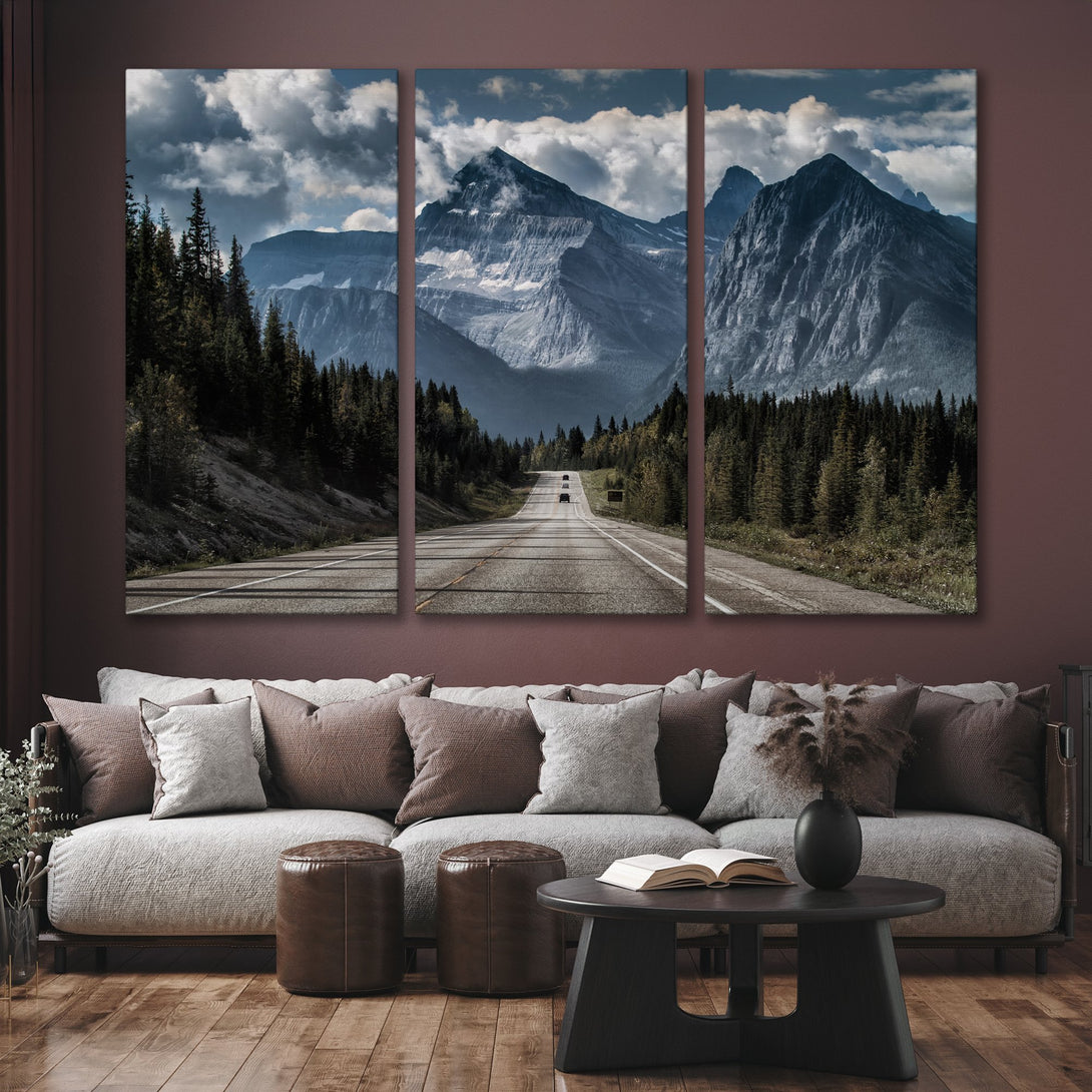 Canvas Print of a mountain road landscape in cool blues and greens. Modern wall art for a serene home.