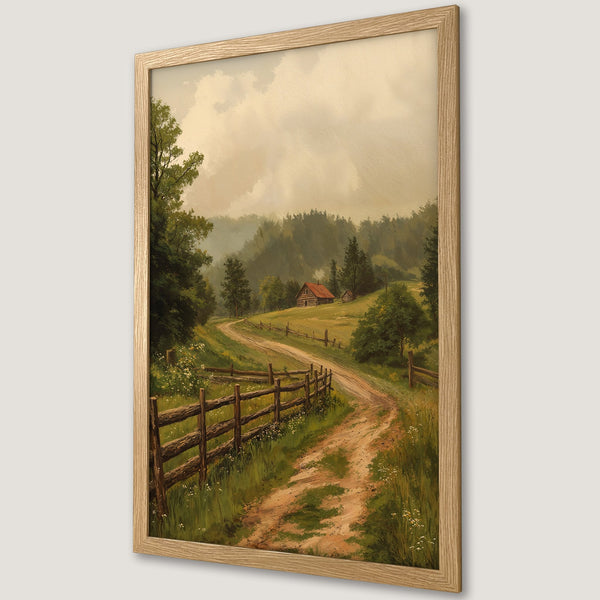 Framed Poster of a serene landscape with a winding dirt road, cabin, and fence. Rustic style, warm earth tones and greens. Perfect wall art.