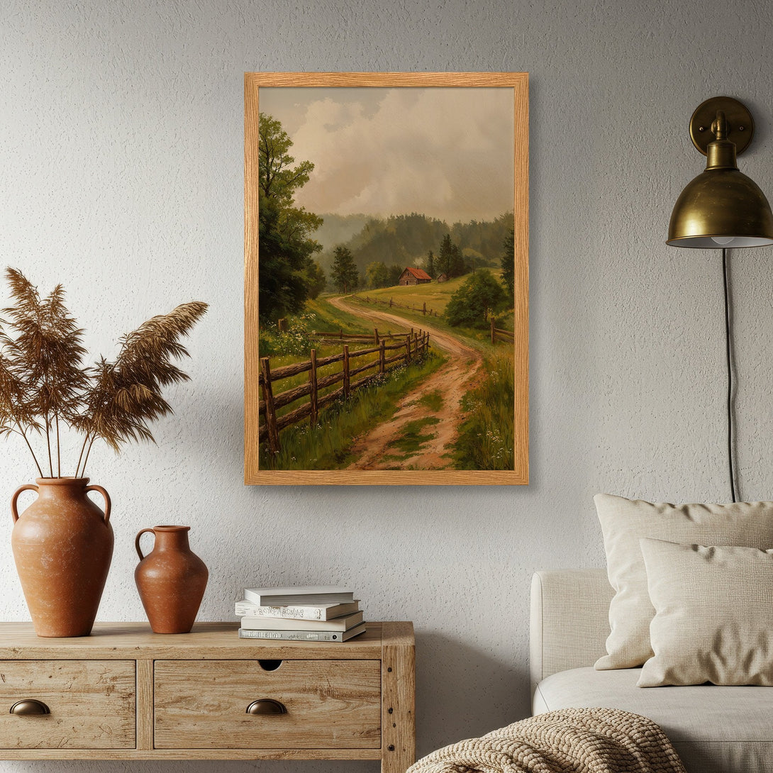 Framed Poster of a scenic countryside landscape in a warm, earthy palette. Perfect wall art for a cozy home.