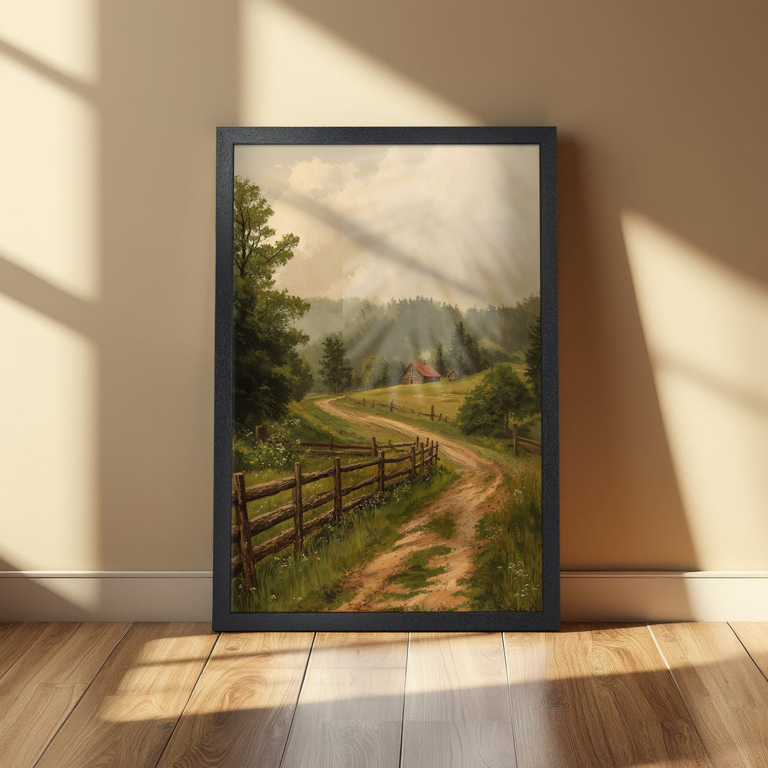 Framed Poster featuring a serene landscape painting with a dirt road, fence, and cabin. Warm, earthy tones create a cozy, inviting atmosphere.