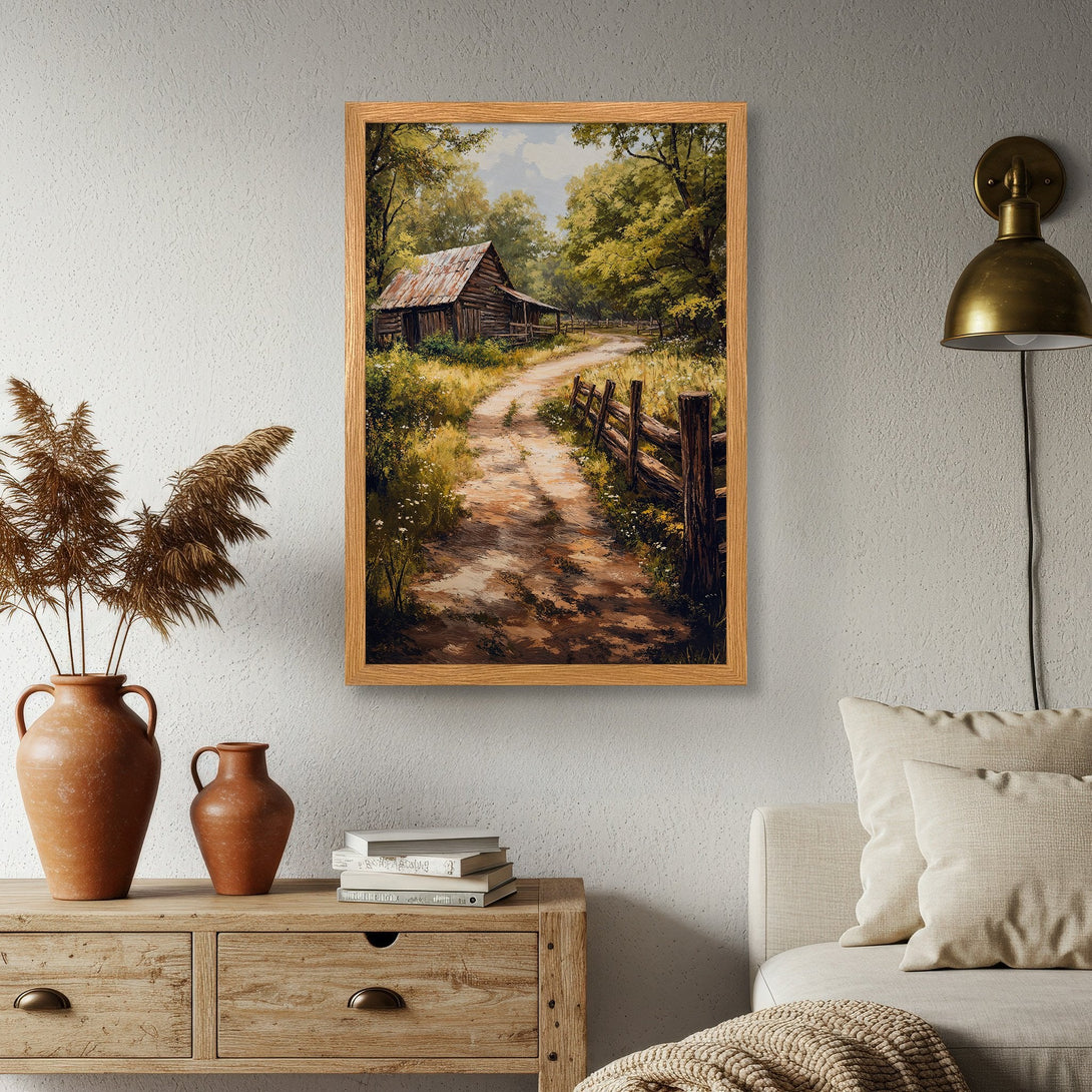 Framed Poster of a rustic barn scene, featuring a warm, earthy color palette. Perfect for adding a touch of nature to your home.