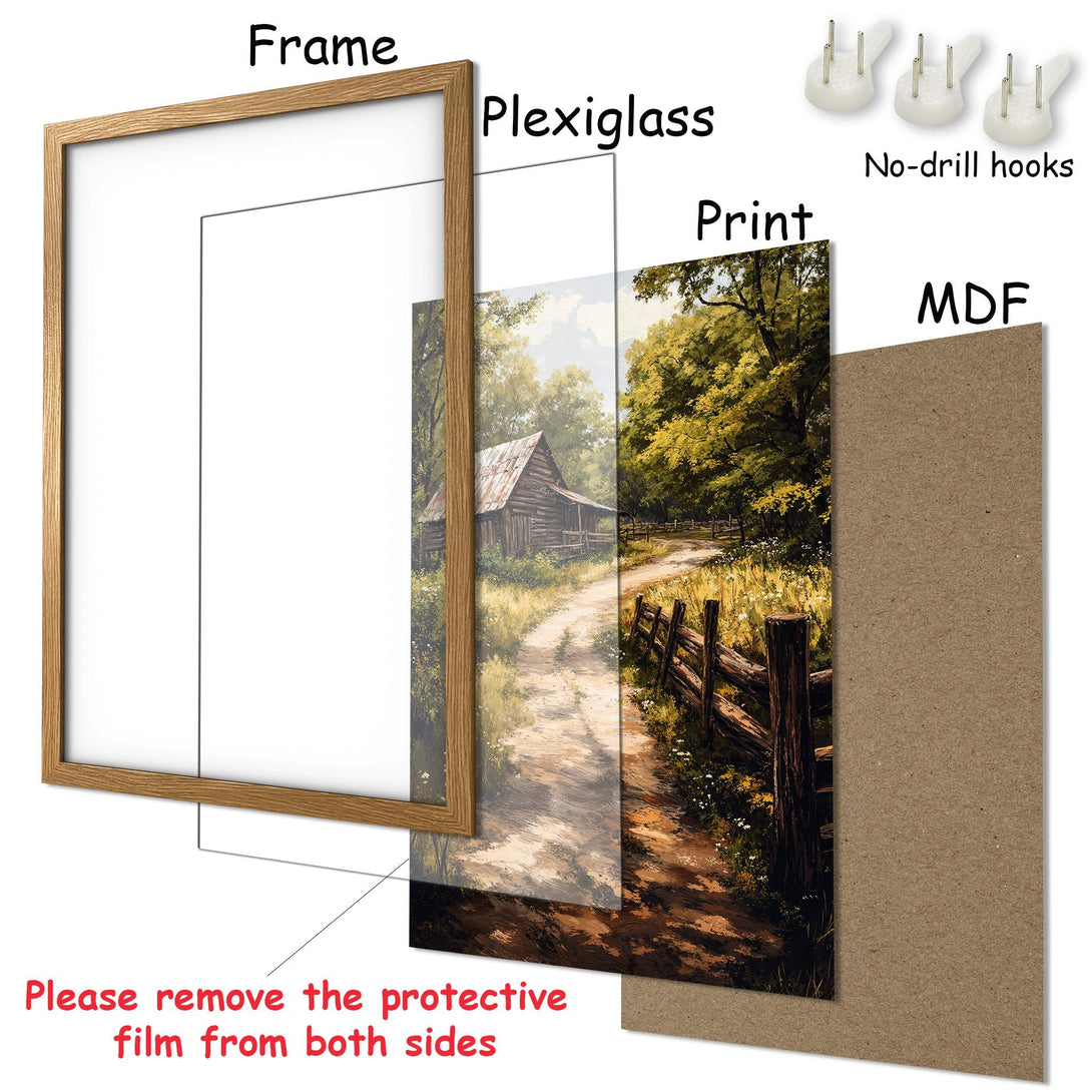 Framed Poster featuring a rustic landscape painting in warm earth tones. Enhance your home decor with this beautiful art print!
