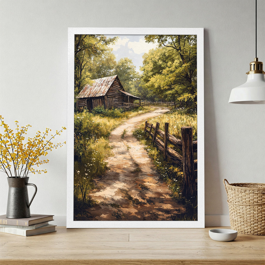 Framed Poster of a rustic barn scene. Impressionistic style with warm earth tones and pops of yellow and green. Perfect wall art!