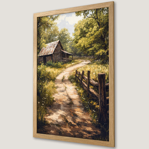 Framed Poster of a rustic landscape with a cabin and dirt road. Impressionistic style with warm earth tones and green foliage.