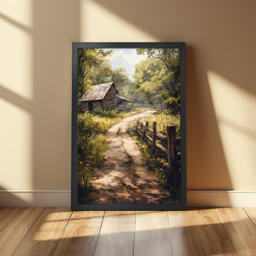 Framed Poster of a serene country road scene with a barn, in a warm, earthy color palette. Perfect wall art for your home!
