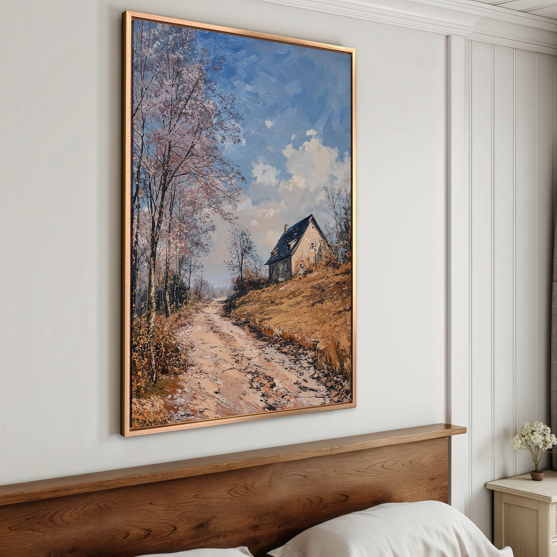 Framed Wall Art: Landscape painting with a country road, house, and trees. Warm earth tones and blue sky create a serene, classic aesthetic.