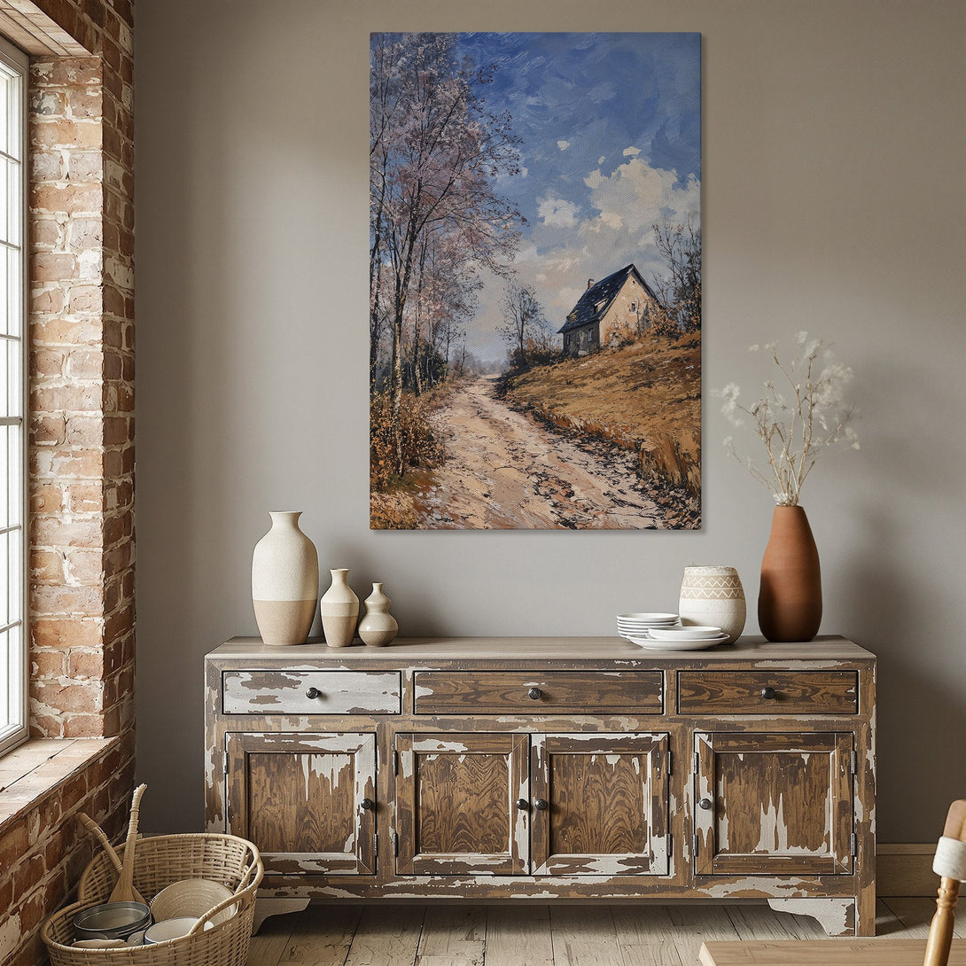 Framed Wall Art: Rustic landscape Canvas Print in warm earth tones. Adds a touch of serene beauty to any dining room. Shop now for your perfect artwork!