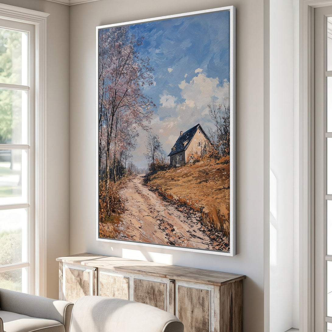 Framed Wall Art: Scenic landscape Canvas Print featuring a rustic road and house, painted in a warm, earthy color palette. Perfect for adding a touch of nature to your home.