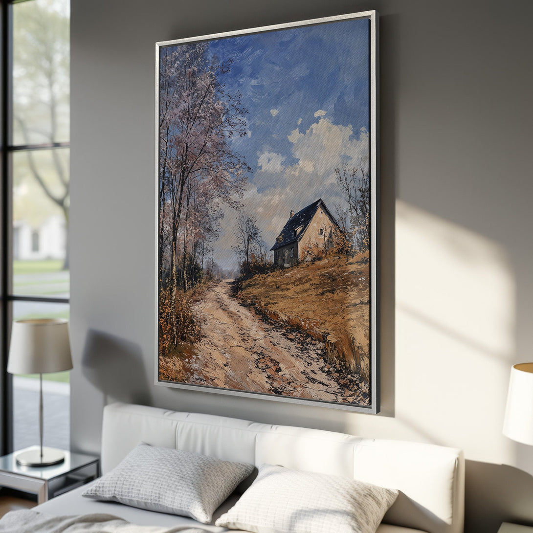 Framed Wall Art of a serene landscape with a house and dirt road. Featuring a warm, earthy color palette and impressionistic style. Perfect for adding a touch of nature to your home.