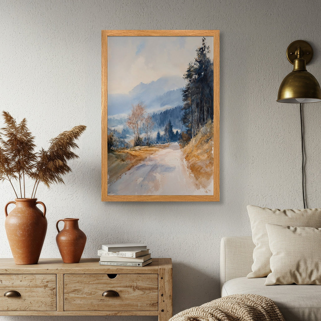 Framed Poster featuring a serene watercolor landscape painting in blue and beige tones. Perfect wall art for a calming home.