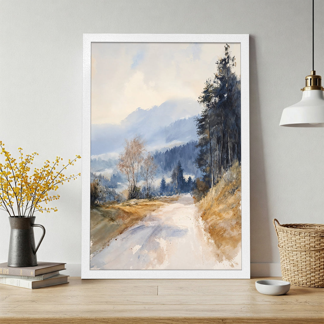 Framed Poster of a watercolor landscape painting in blues, browns, and whites. Perfect wall art for a serene home.