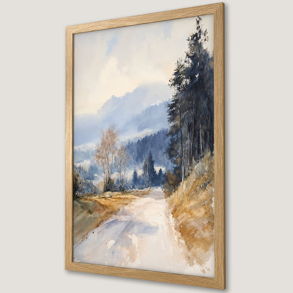 Framed Poster of a serene watercolor landscape with a road, trees, and mountains in a muted blue and brown palette.