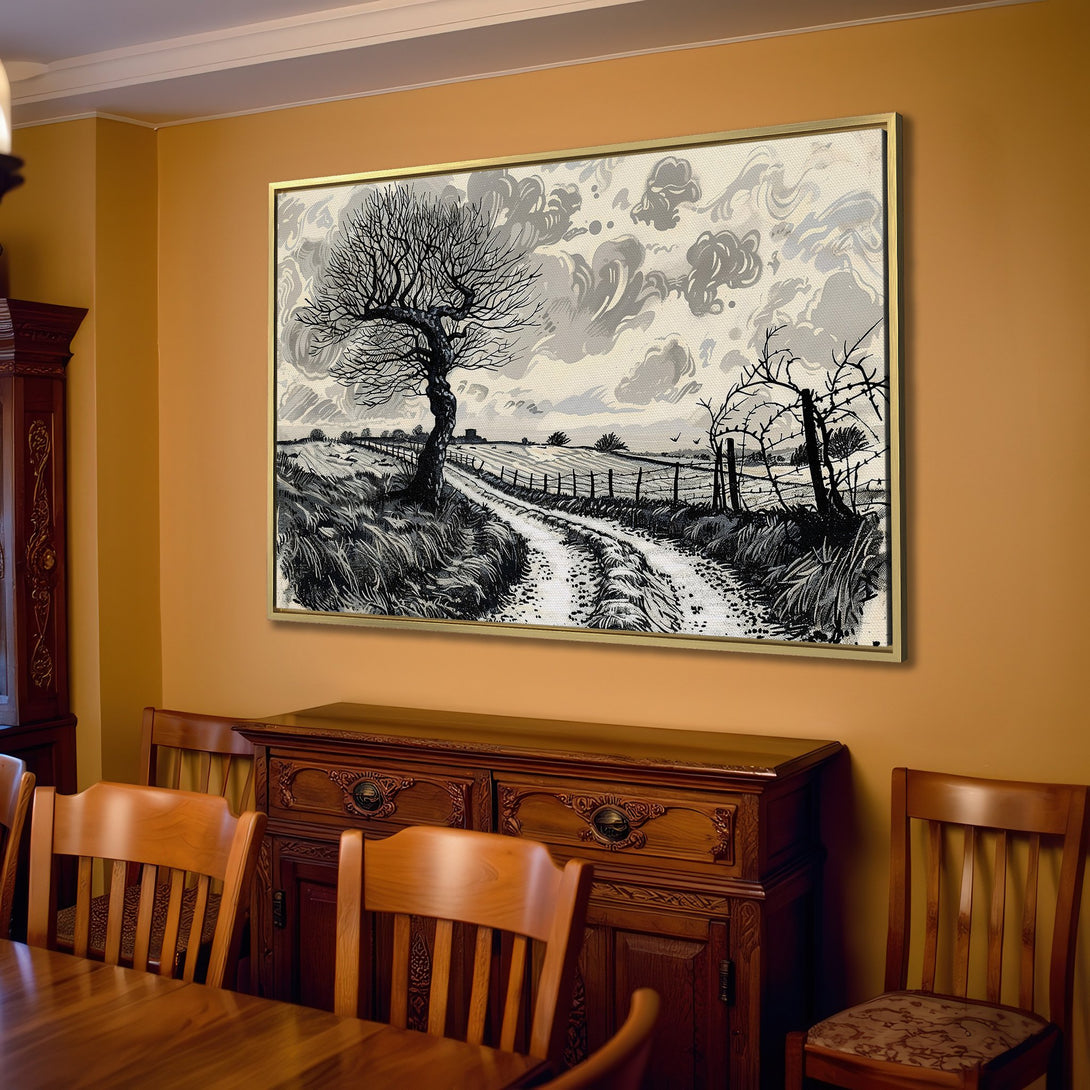 Canvas Print of a black and white landscape with a tree and path. Neutral palette, perfect for farmhouse decor.