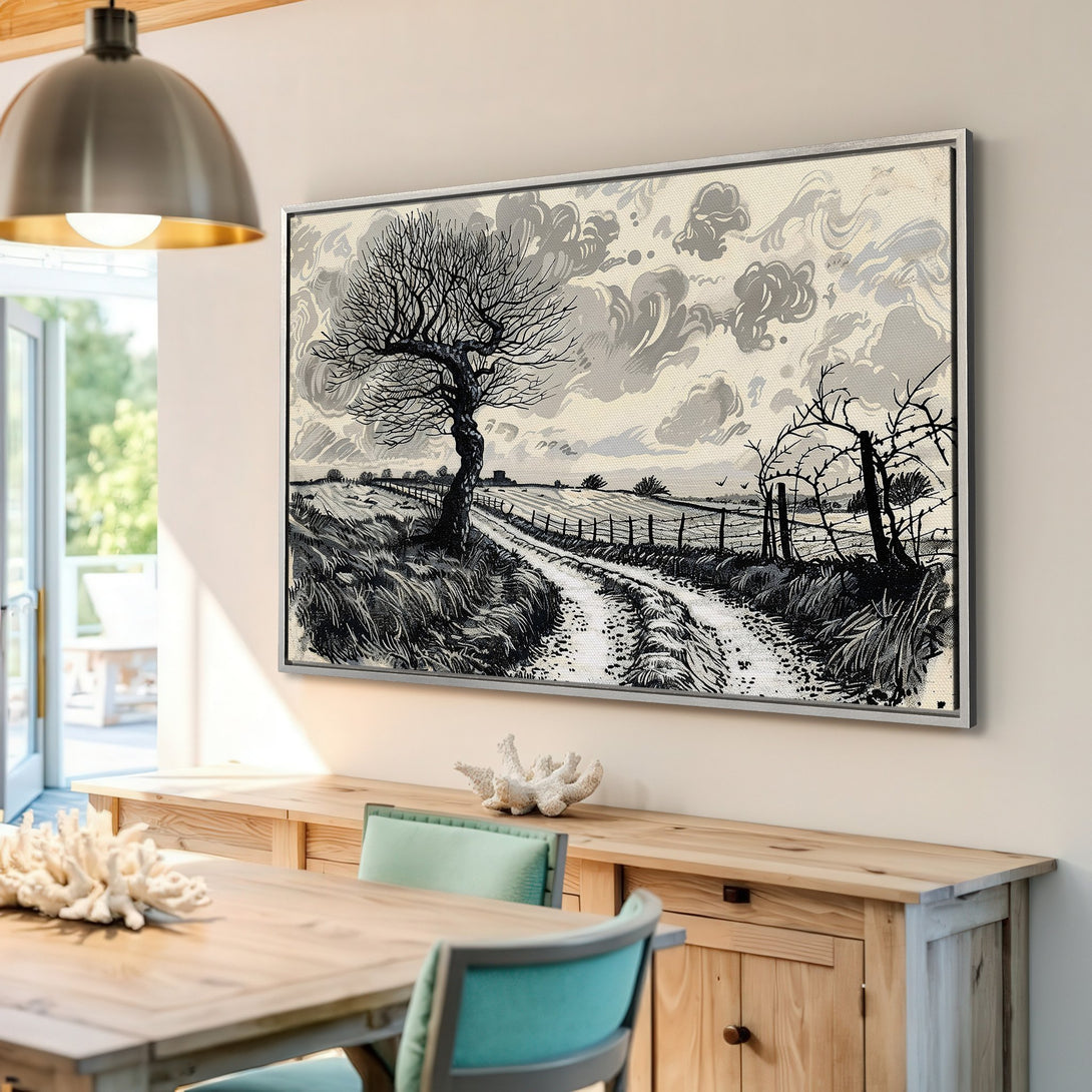 Framed Wall Art: Black and white landscape Canvas Print featuring a tree and country road. Perfect for adding a touch of nature to any space.