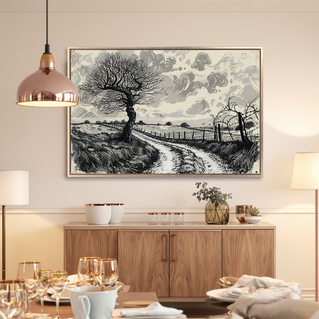 Framed Wall Art: Black and white landscape Canvas Print. Rustic style with a monochrome color palette, perfect for any room.