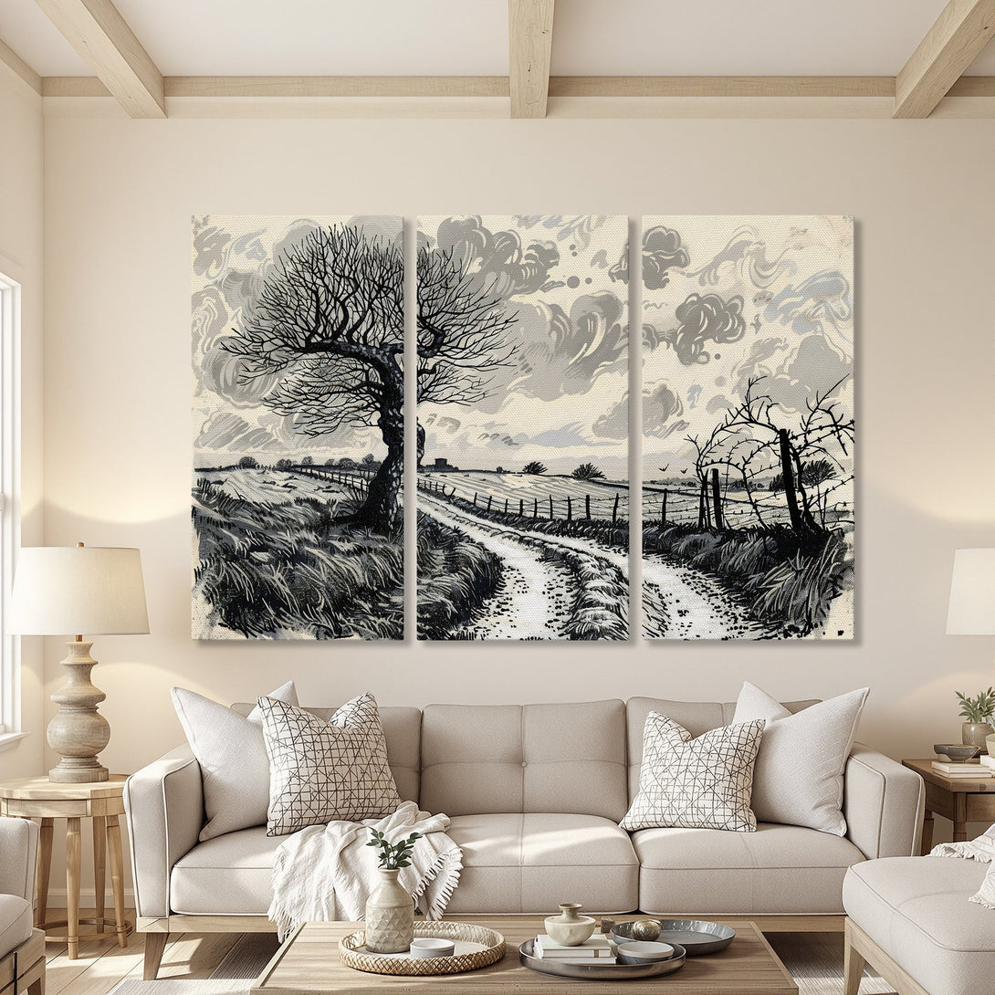 Canvas Print of a black and white landscape scene, perfect for minimalist decor. Features a tree and road with a neutral color palette.