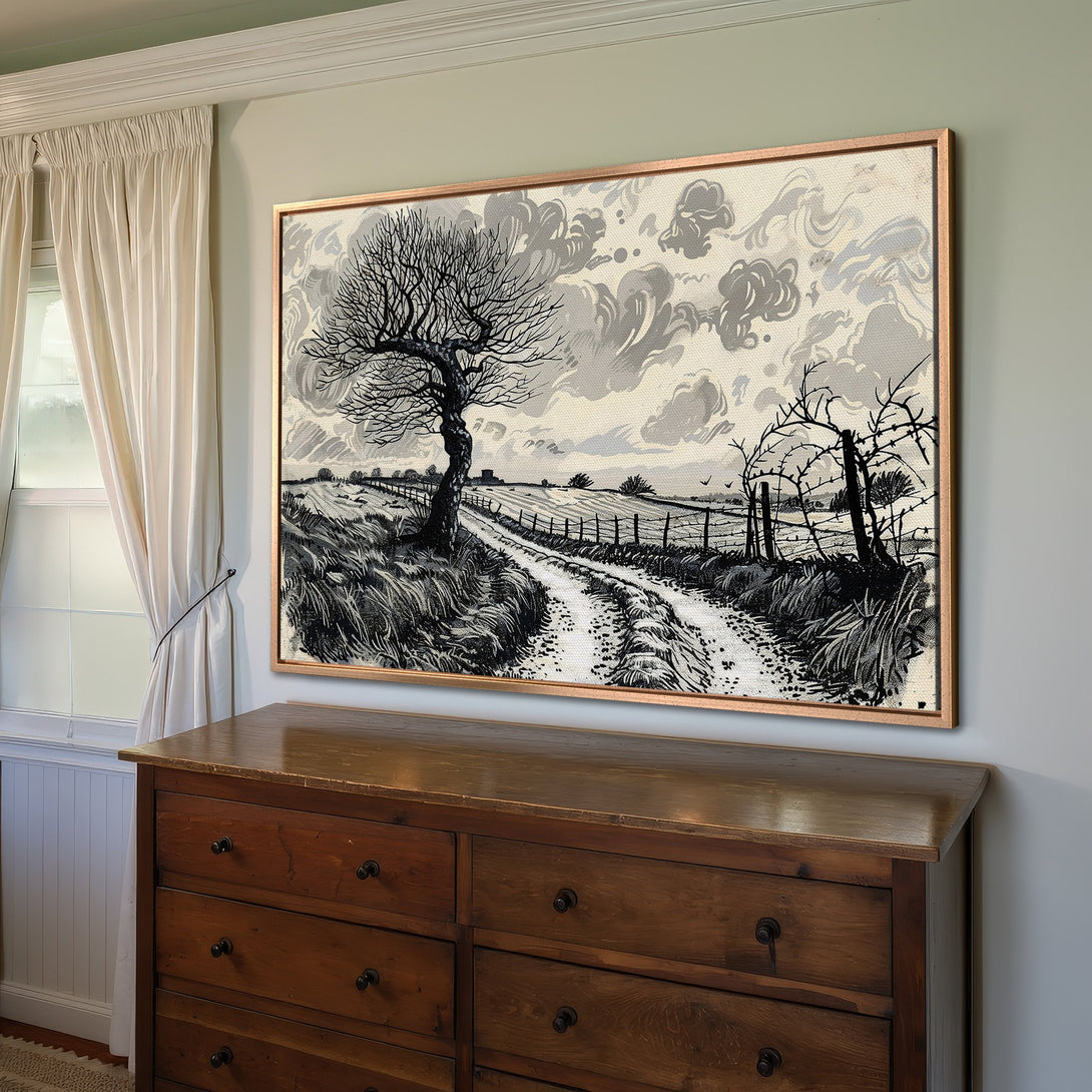 Framed Wall Art: Black & white landscape Canvas Print. Rustic countryside scene with a tree and road. Neutral color palette, perfect for any room.
