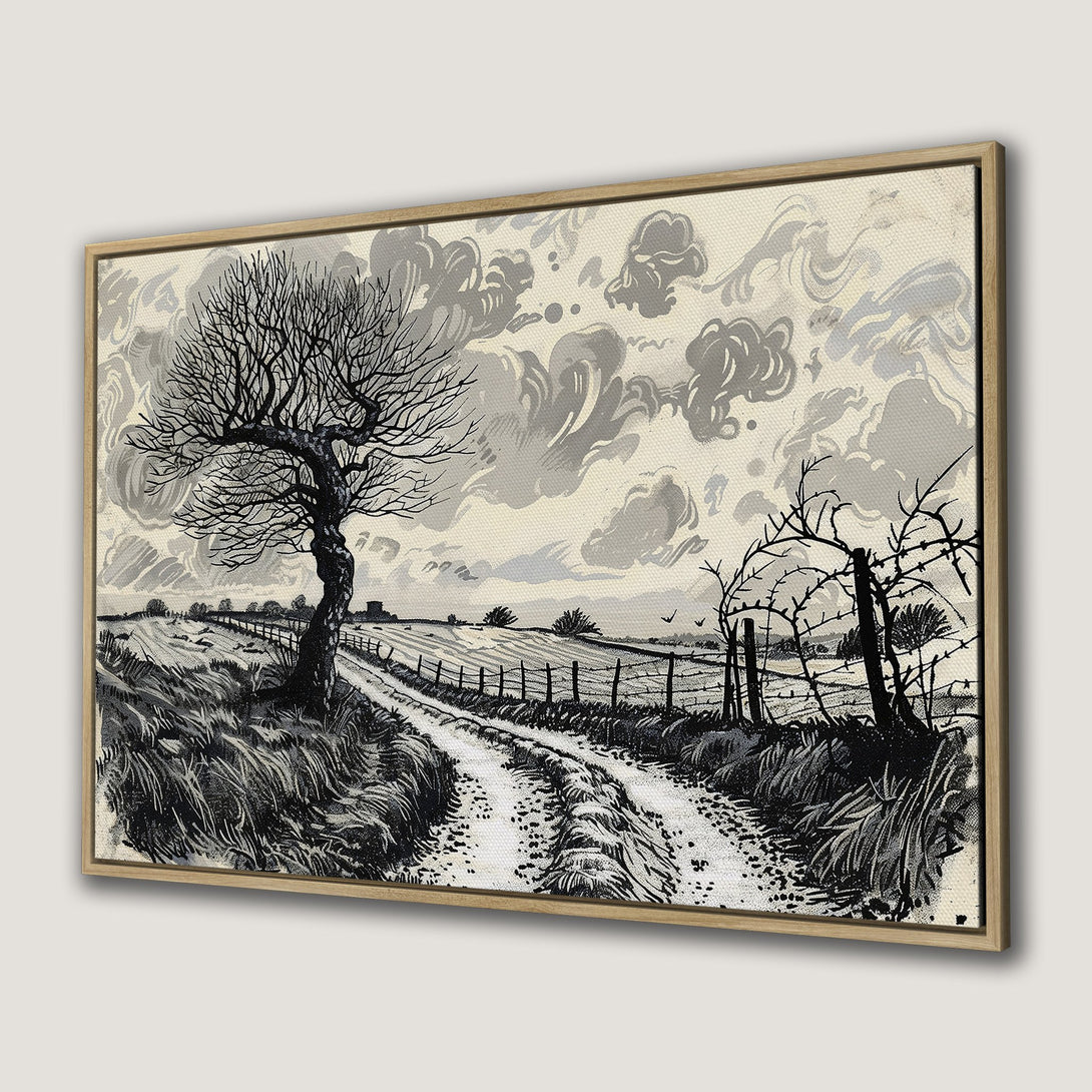 Framed Wall Art: Black & white landscape Canvas Print featuring a tree, road, and fence. Rustic style with neutral color palette, perfect for any room.
