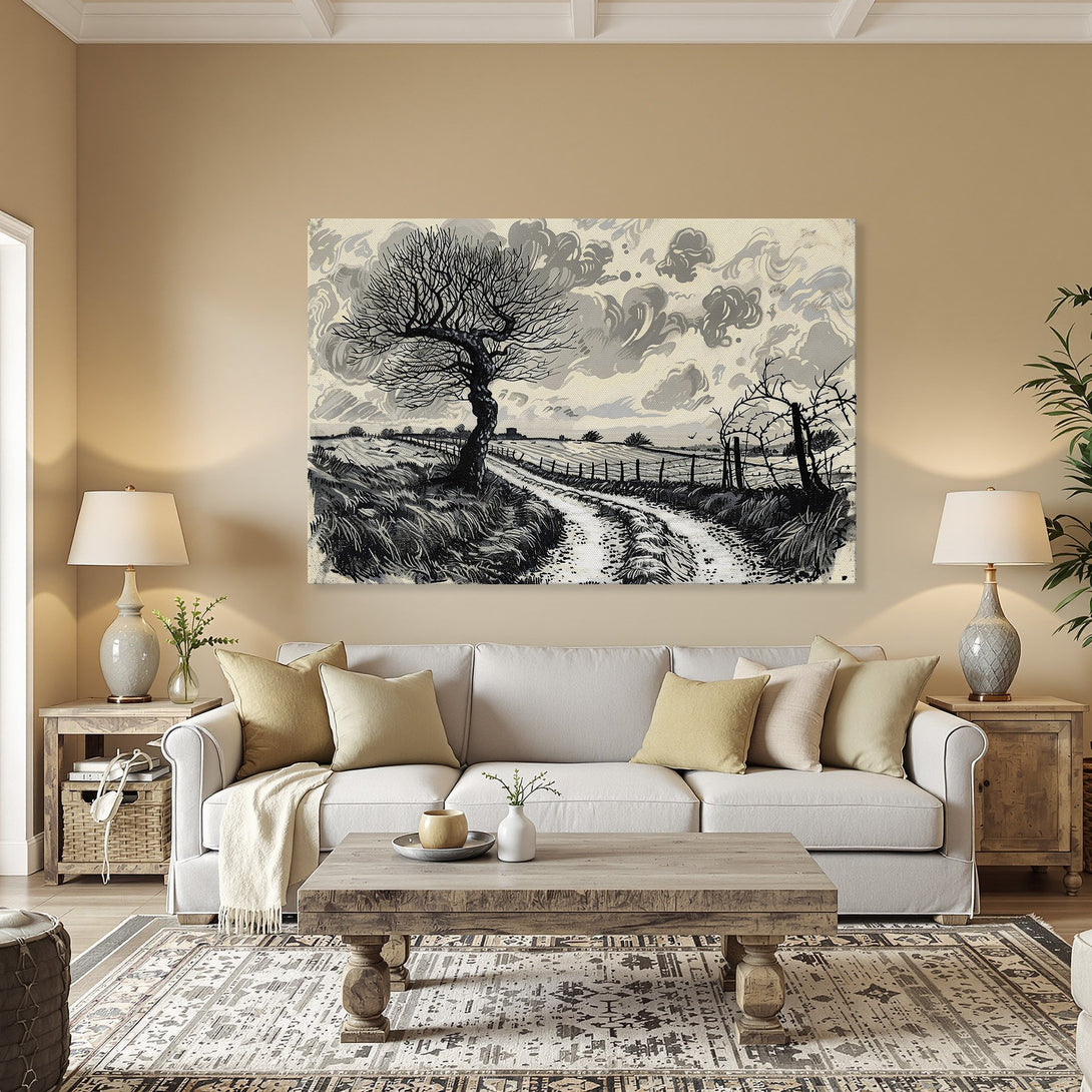 Framed Wall Art: Black & white landscape Canvas Print. Rustic countryside scene with a tree & road. Neutral color palette, perfect for any room.